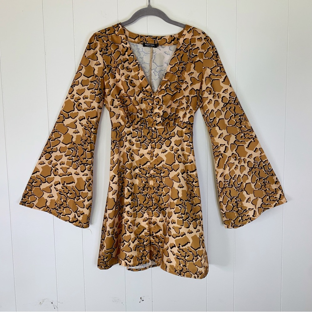Nasty Gal Tan and Black Animal Print Long Sleeve Mini Dress